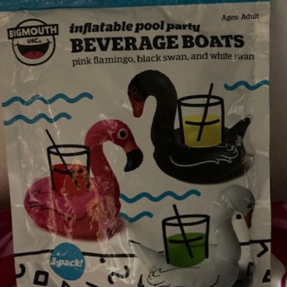 POOL PARTY COOZIES 3 PACK INFLATABLE FLOATING BEVERAGE HOLDER FLAMINGO SWAN NEW - Picture 2 of 5